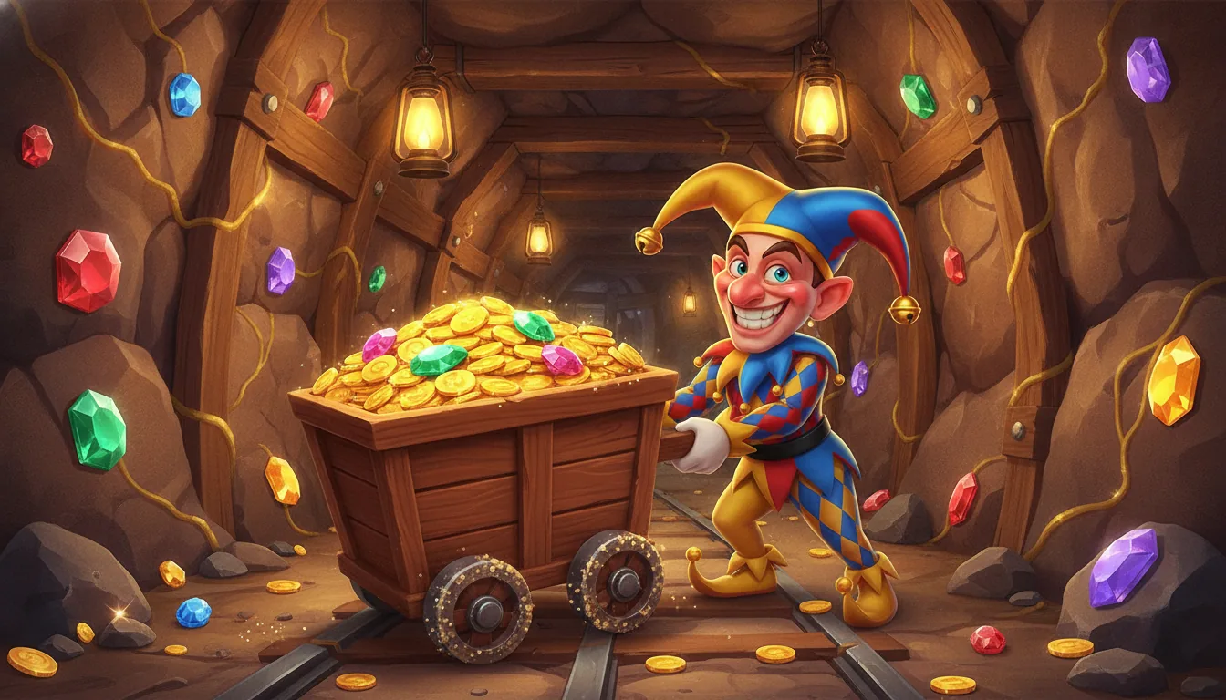 Mine shaft full of gold veins with a jester pushing a cart of coins and gems — the treasure-hunting mood of Joker Miner