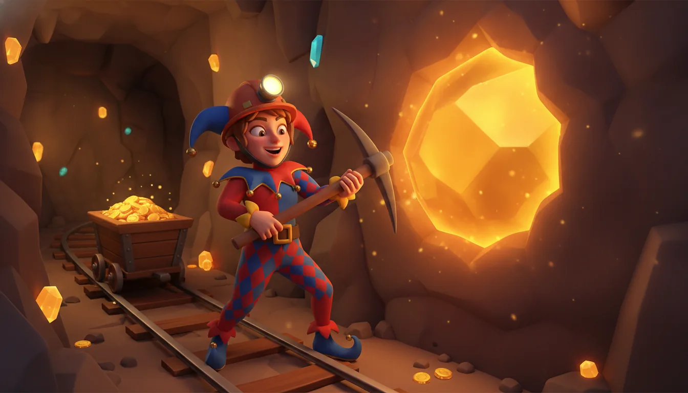 Cartoon jester miner discovering a giant gold nugget underground — key art in the style of the Joker Miner slot